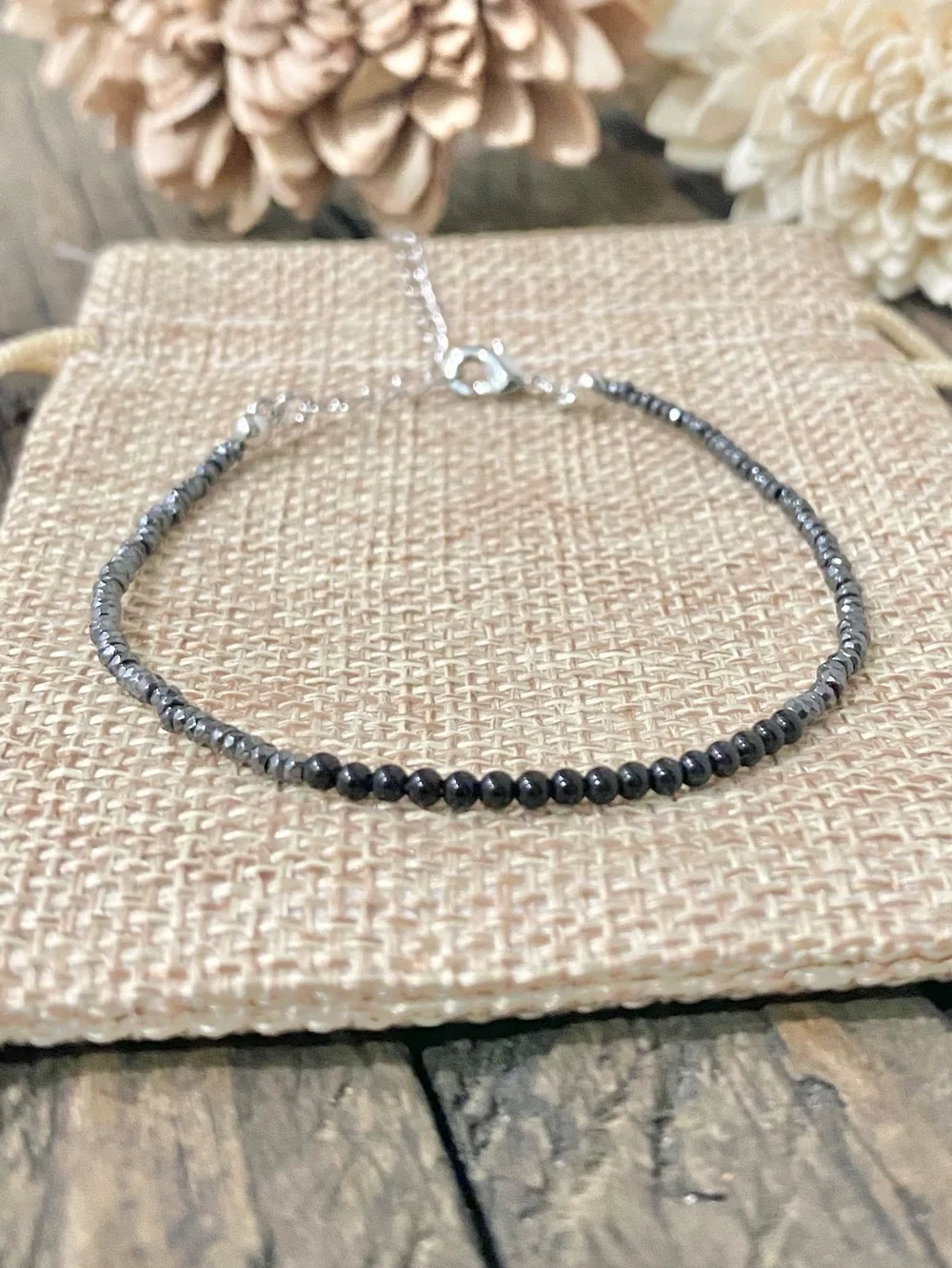 Dainty Chain Bracelet, Tiny Hematite & Onyx beads, 18k Gold Filled Chain